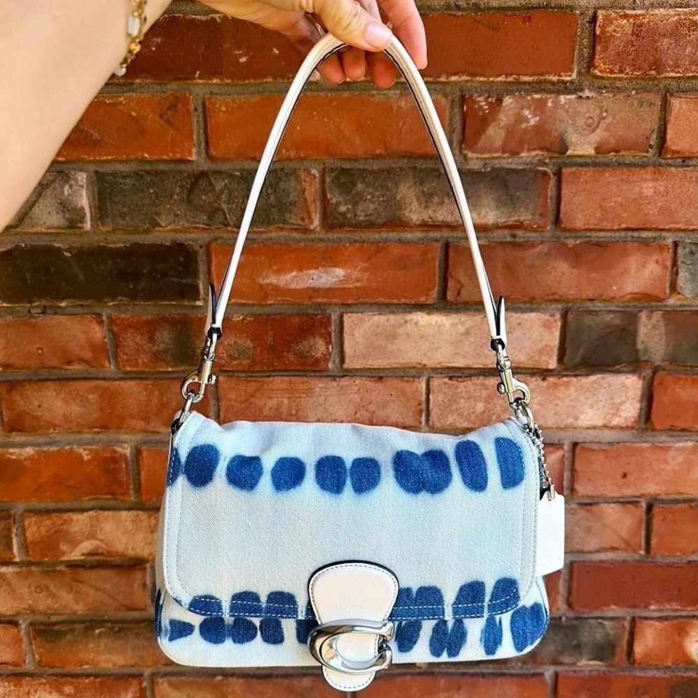 Coach White and Blue Tie-Dye Shoulder Bag with Silver Hardware